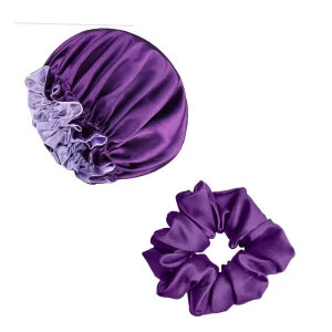 double layered satin cap black purple + satin scrunchie